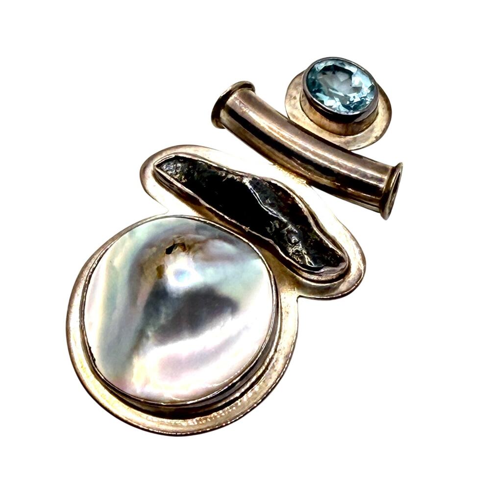 Vintage 90s Starborn Sterling Mother of Pearl Blue Topaz Tektite Slide Pendant
